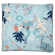 Kimono Background With Crane And Flowers Blankets 59831388