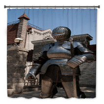 Knight In The Ancient Metal Armor Standing Near The Stone Wall Bath Decor 66227892