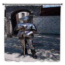 Knight In The Ancient Metal Armor Standing Near The Stone Wall Bath Decor 66227995
