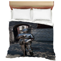 Knight In The Ancient Metal Armor Standing Near The Stone Wall Bedding 66227995