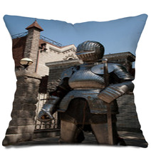 Knight In The Ancient Metal Armor Standing Near The Stone Wall Pillows 66227892