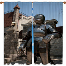 Knight In The Ancient Metal Armor Standing Near The Stone Wall Window Curtains 66227892