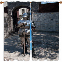 Knight In The Ancient Metal Armor Standing Near The Stone Wall Window Curtains 66227995