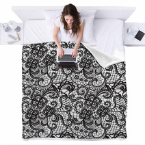 Lace Black Seamless Pattern With Flowers On White Background Blankets 57433677
