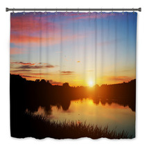 Lake In Forest At Sunset. Romantic Sky With Red Clouds Bath Decor 67192878