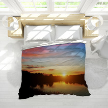 Lake In Forest At Sunset. Romantic Sky With Red Clouds Bedding 67192878