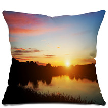 Lake In Forest At Sunset. Romantic Sky With Red Clouds Pillows 67192878