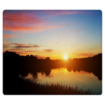 Lake In Forest At Sunset. Romantic Sky With Red Clouds Rugs 67192878