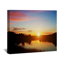 Lake In Forest At Sunset. Romantic Sky With Red Clouds Wall Art 67192878