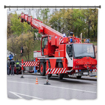 Large Red Rescue Vehicle Helps Injured In Car Crash. Bath Decor 50912651