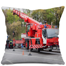 Large Red Rescue Vehicle Helps Injured In Car Crash. Pillows 50912651