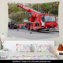 Large Red Rescue Vehicle Helps Injured In Car Crash. Wall Art 50912651