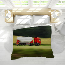 Large White Cistern Truck Speeding On Highway Bedding 48676961
