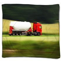 Large White Cistern Truck Speeding On Highway Blankets 48676961
