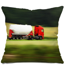 Large White Cistern Truck Speeding On Highway Pillows 48676961