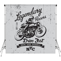 Legendary Vintage Racers T Shirt Label Design With Racer And Motorcycle Hand Drawn Ilustration On Dusty Background Backdrops 90283364