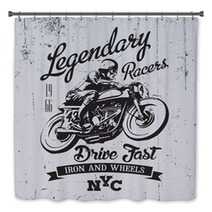Legendary Vintage Racers T Shirt Label Design With Racer And Motorcycle Hand Drawn Ilustration On Dusty Background Bath Decor 90283364