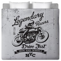 Legendary Vintage Racers T Shirt Label Design With Racer And Motorcycle Hand Drawn Ilustration On Dusty Background Bedding 90283364