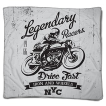 Legendary Vintage Racers T Shirt Label Design With Racer And Motorcycle Hand Drawn Ilustration On Dusty Background Blankets 90283364