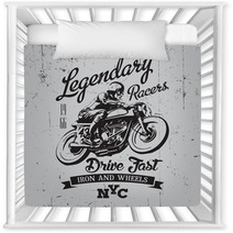 Legendary Vintage Racers T Shirt Label Design With Racer And Motorcycle Hand Drawn Ilustration On Dusty Background Nursery Decor 90283364