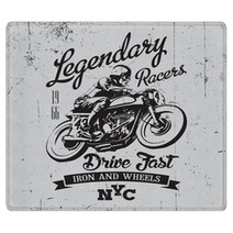 Legendary Vintage Racers T Shirt Label Design With Racer And Motorcycle Hand Drawn Ilustration On Dusty Background Rugs 90283364