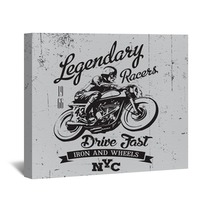 Legendary Vintage Racers T Shirt Label Design With Racer And Motorcycle Hand Drawn Ilustration On Dusty Background Wall Art 90283364