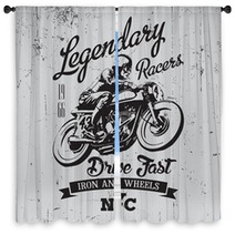 Legendary Vintage Racers T Shirt Label Design With Racer And Motorcycle Hand Drawn Ilustration On Dusty Background Window Curtains 90283364