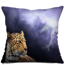 Leopard  On The Dark Sky With Lightning Pillows 15890428