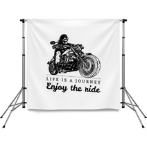 Life Is A Journey Enjoy The Ride Inspirational Poster Vector Hand Drawn Skeleton Rider On Motorcycle Biker Illustration Backdrops 159119466