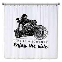 Life Is A Journey Enjoy The Ride Inspirational Poster Vector Hand Drawn Skeleton Rider On Motorcycle Biker Illustration Bath Decor 159119466