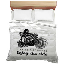 Life Is A Journey Enjoy The Ride Inspirational Poster Vector Hand Drawn Skeleton Rider On Motorcycle Biker Illustration Bedding 159119466