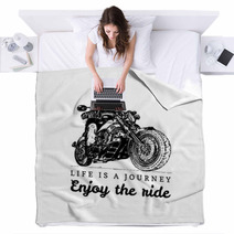 Life Is A Journey Enjoy The Ride Inspirational Poster Vector Hand Drawn Skeleton Rider On Motorcycle Biker Illustration Blankets 159119466