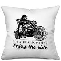 Life Is A Journey Enjoy The Ride Inspirational Poster Vector Hand Drawn Skeleton Rider On Motorcycle Biker Illustration Pillows 159119466