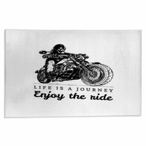 Life Is A Journey Enjoy The Ride Inspirational Poster Vector Hand Drawn Skeleton Rider On Motorcycle Biker Illustration Rugs 159119466