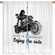 Life Is A Journey Enjoy The Ride Inspirational Poster Vector Hand Drawn Skeleton Rider On Motorcycle Biker Illustration Window Curtains 159119466