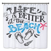 Life Is Better At The Beach Hand Lettering Quote Card With A Flip Flops Footwear Beach Sign Home Decor Isolation On White Background Bath Decor 109507963