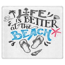 Life Is Better At The Beach Hand Lettering Quote Card With A Flip Flops Footwear Beach Sign Home Decor Isolation On White Background Rugs 109507963