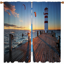 Lighthouse At Lake Neusiedl At Sunset Window Curtains 64387845