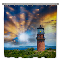 Lighthouse On A Beautiful Island. Sunset View With Trees And Sea Bath Decor 57168949