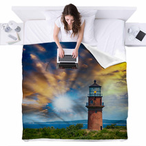 Lighthouse On A Beautiful Island. Sunset View With Trees And Sea Blankets 57168949