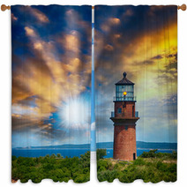 Lighthouse On A Beautiful Island. Sunset View With Trees And Sea Window Curtains 57168949