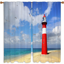 Lighthouse With Flying Seagulls. Westkapelle Window Curtains 53003034