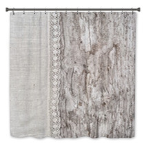 Linen Fabric With Lace On The Old Wooden Background Bath Decor 56709706