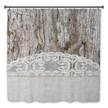 Linen Fabric With Lace On The Old Wooden Background Bath Decor 56748947
