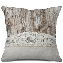 Linen Fabric With Lace On The Old Wooden Background Pillows 56748947