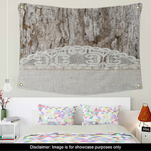 Linen Fabric With Lace On The Old Wooden Background Wall Art 56748947