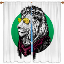 Lion In Glasses And Color Scarf With Drawing Window Curtains 79395359