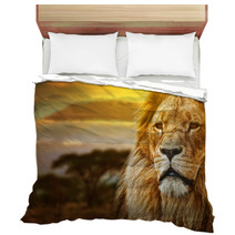 Lion Portrait On Savanna Background And Mount Kilimanjaro Bedding 57644661
