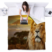 Lion Portrait On Savanna Background And Mount Kilimanjaro Blankets 57644661