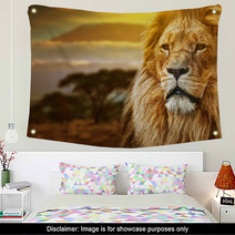 Lion Portrait On Savanna Background And Mount Kilimanjaro Wall Art 57644661